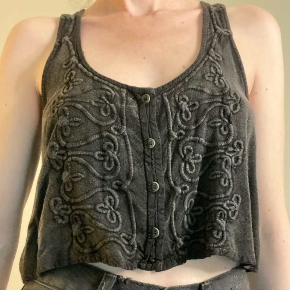 Urban Outfitters Women's Black Embroidered Crop-top Size Medium